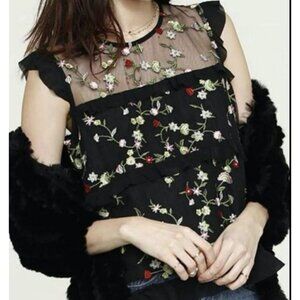Heartloom Floral Embroidered Ruffle-Sleeve Top  Black Size Medium